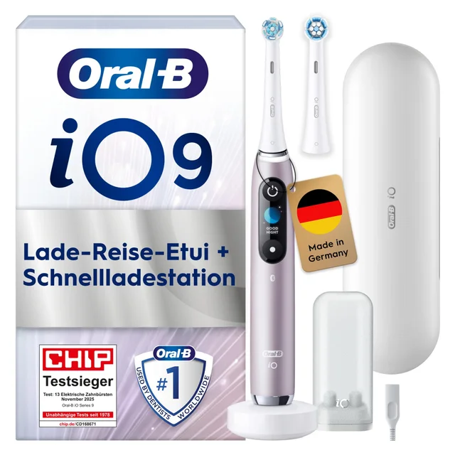 Oral-B iO9 Zahnbürste mit Lade-Reise-Etui und Schnellladestation.