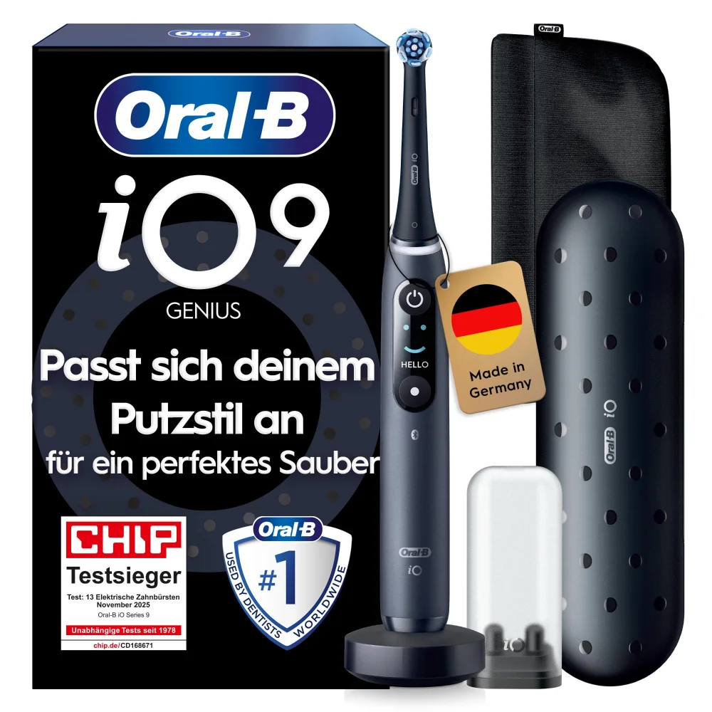 Oral-B iO9 mit Lade-Reise-Etui und Schnellladestation.