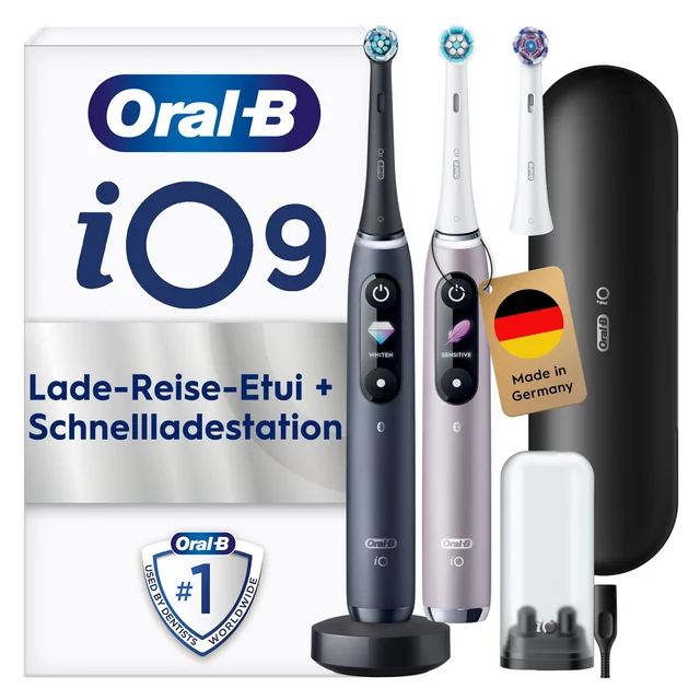 Oral-B iO Series 9 Duopack Elektrische Zahnbürste, Lade-Reiseetui, Black Onyx/Rose Quartz