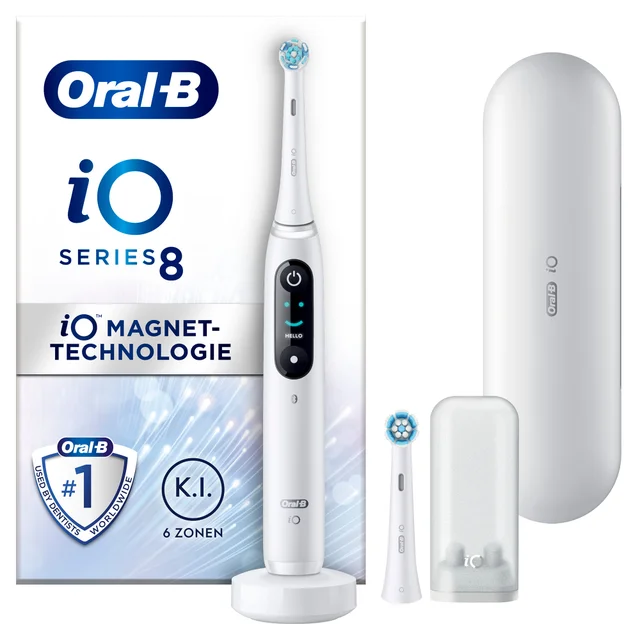 Oral-B iO Series 8 Zahnbürste mit iO Magnet-Technologie und Ladezubehör.