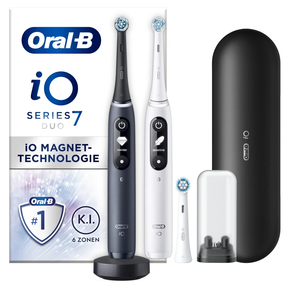 Oral-B iO Series 7 Duo Zahnbürsten mit iO Magnet-Technologie und Zubehör.