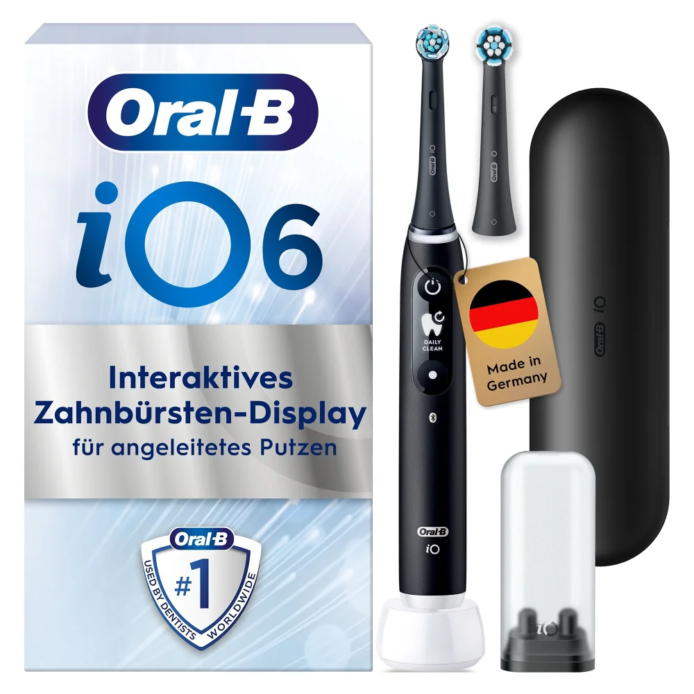 Oral-B iO6 elektrische Zahnbürste mit interaktivem Display und Zubehör.
