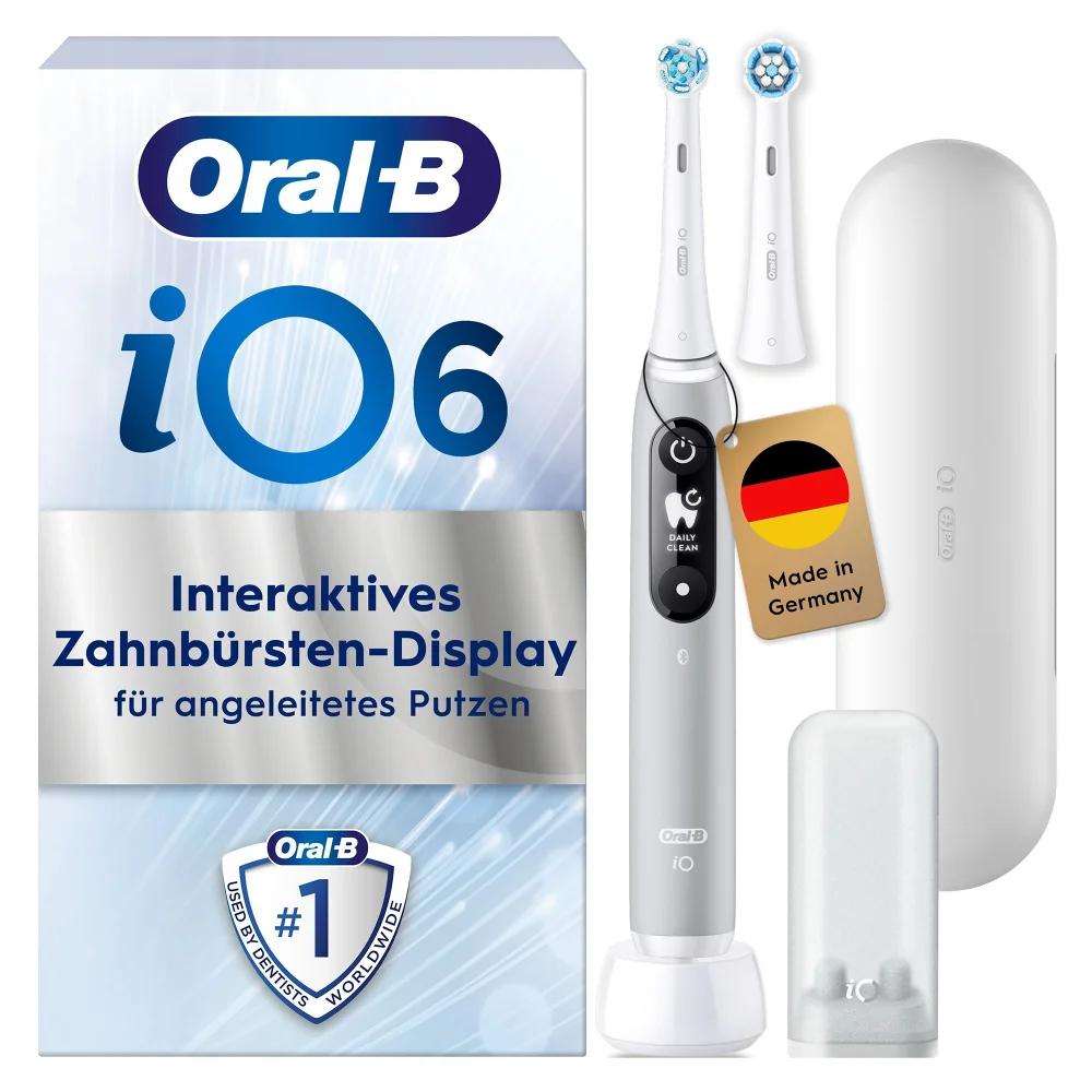 Oral-B iO6 Zahnbürste mit interaktivem Display für angeleitetes Putzen.