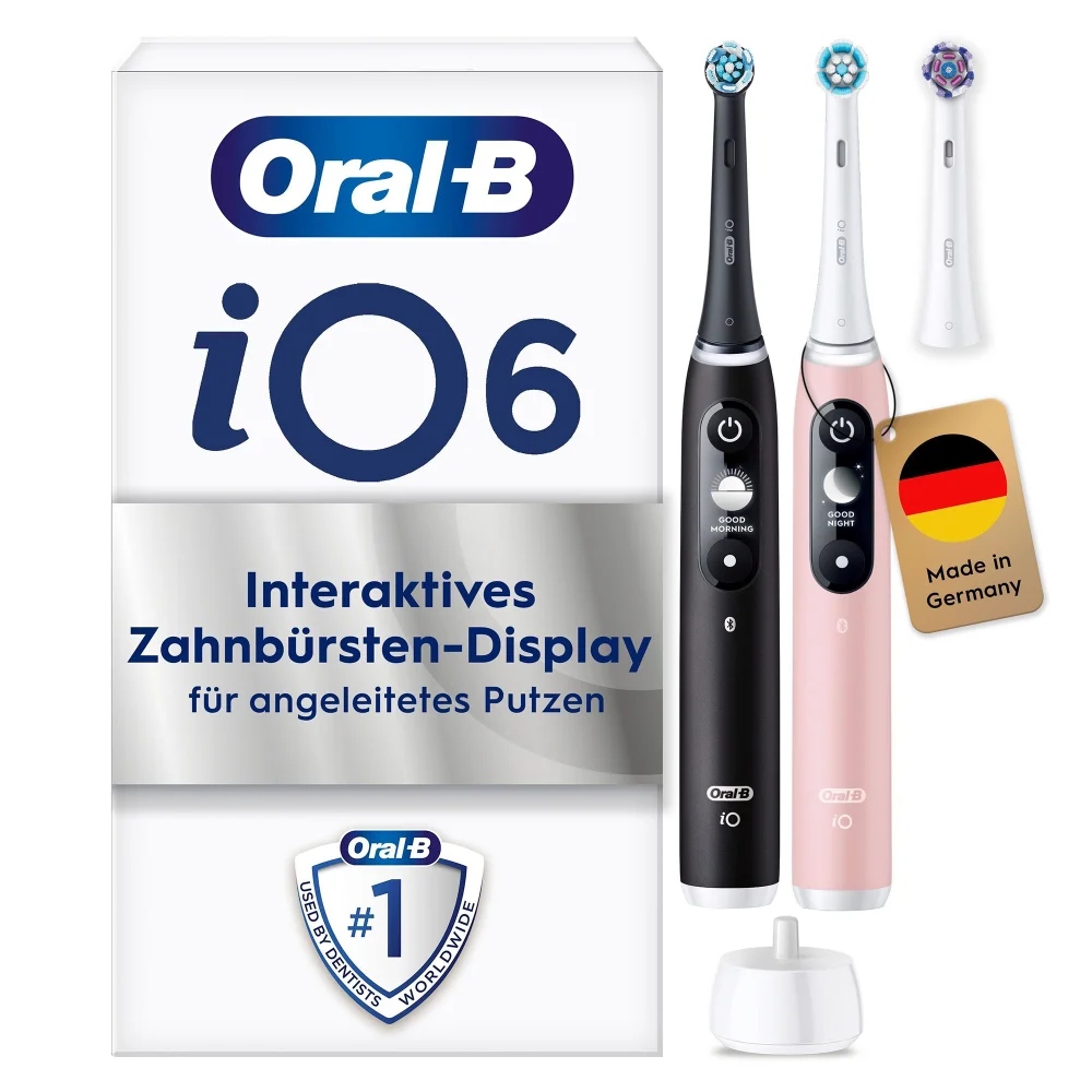 Oral-B iO6 elektrische Zahnbürsten mit interaktivem Display für angeleitetes Putzen.