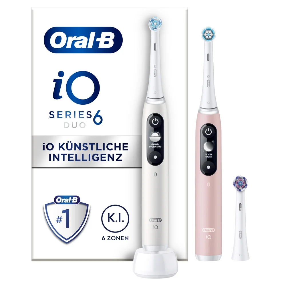 Oral-B iO Series 6 DUO elektrische Zahnbürsten, weiß & rosa, mit K.I. 6 Zonen.