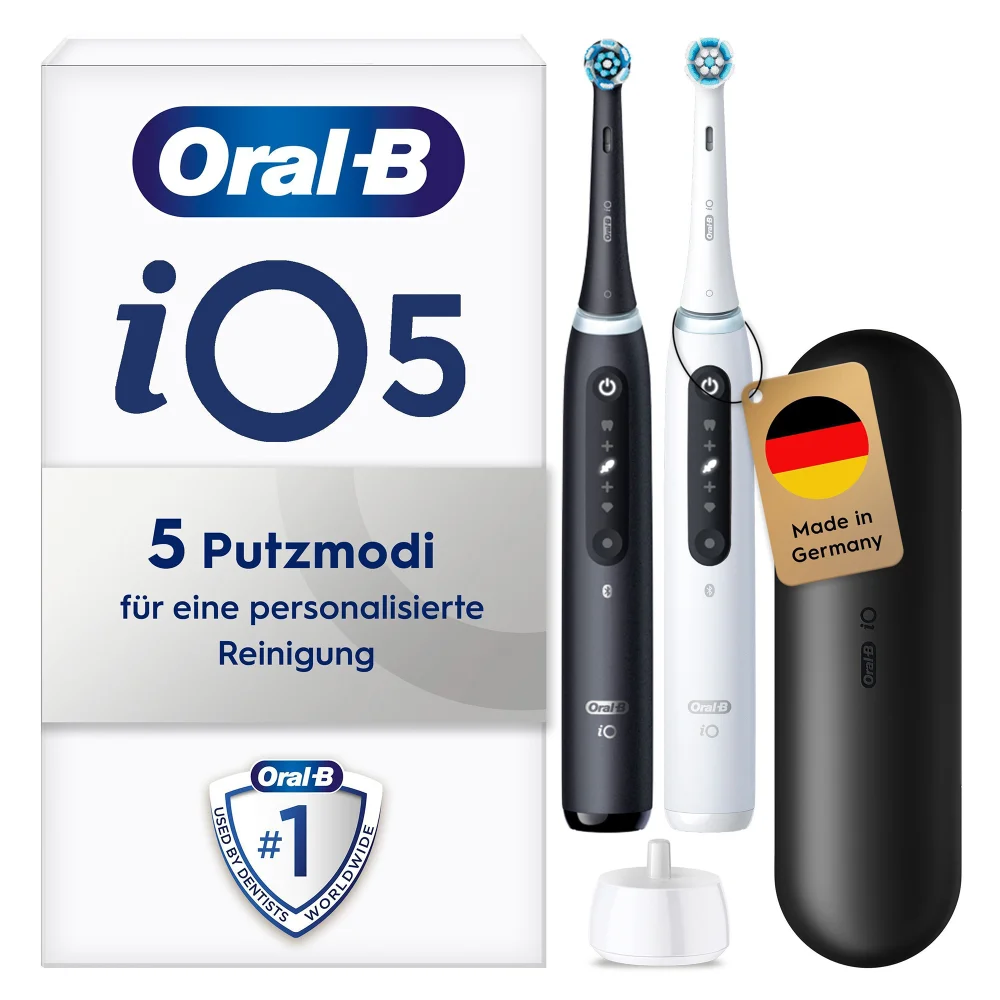 Oral-B iO5 elektrische Zahnbürste mit 5 Putzmodi, in Schwarz und Weiß.