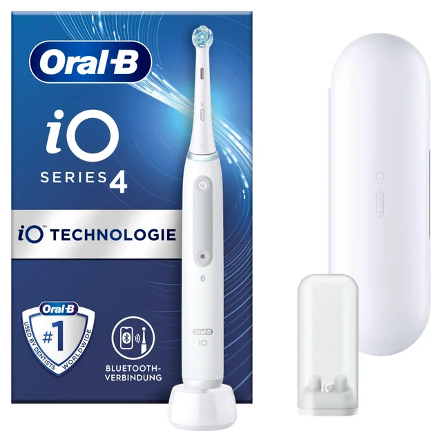 Oral-B iO Series 4 Zahnbürste mit Ladeschale, Reiseetui und Bluetooth-Verbindung.