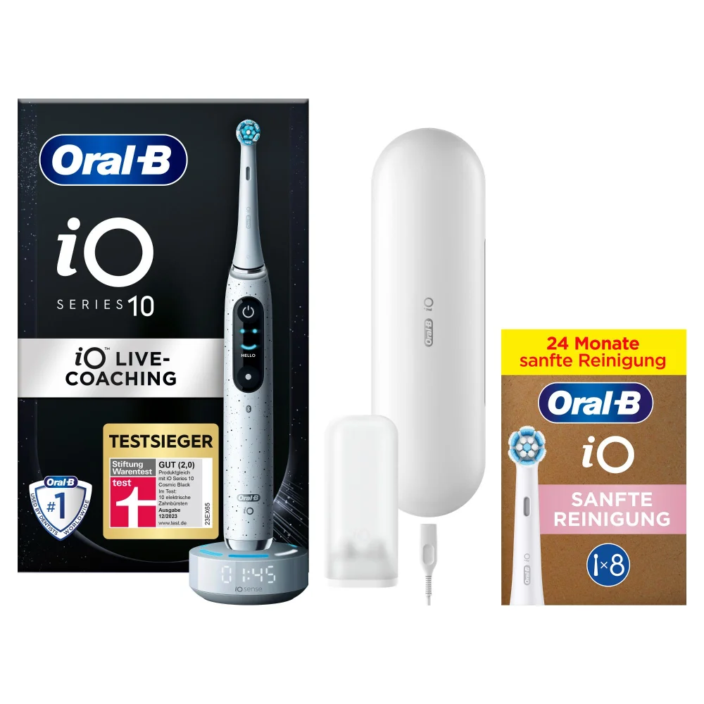 Oral-B iO Series 10 Elektrische Zahnbürste, Lade-Reiseetui, Stardust White mit 8 Aufsteckbürsten Bild 1