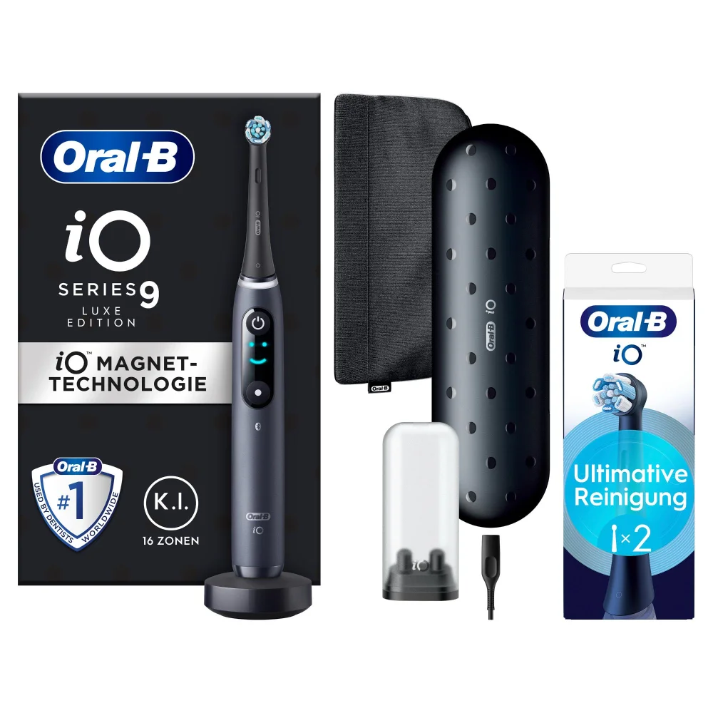 Oral-B iO Series 9 Luxe Edition Zahnbürste mit Ladestation, Reiseetui und Ersatzbürsten.