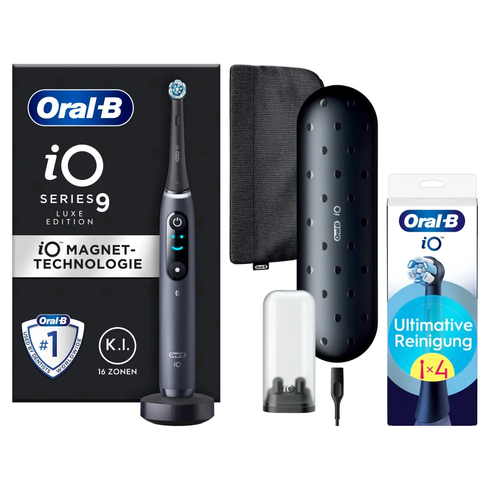 Oral-B iO Series 9 Luxe Edition mit Magnet-Technologie, Reiseetui und 4 Ersatzbürsten.