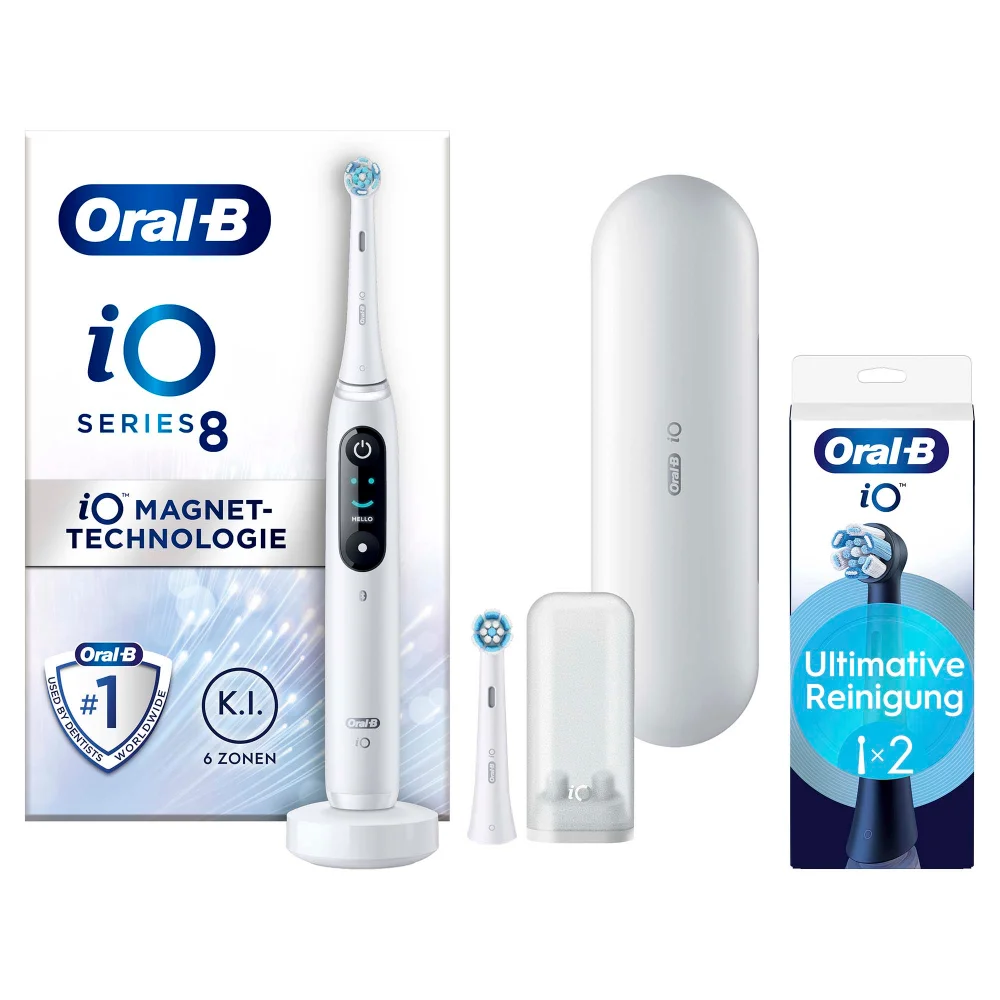 Oral-B iO Series 8 Zahnbürste mit iO Magnet-Technologie, K.I., Reiseetui & Bürstenköpfen.