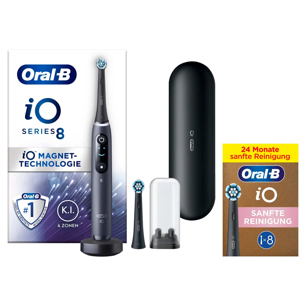 Oral-B iO Series 8 Zahnbürste mit 8 Bürstenköpfen für 24 Monate sanfte Reinigung.