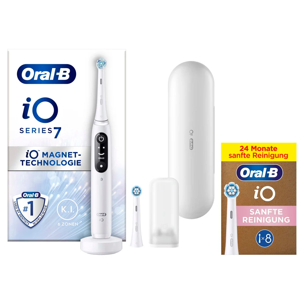 Oral-B iO Series 7 Zahnbürste mit iO Magnet-Technologie und 24 Monate Bürstenkopf-Vorrat.