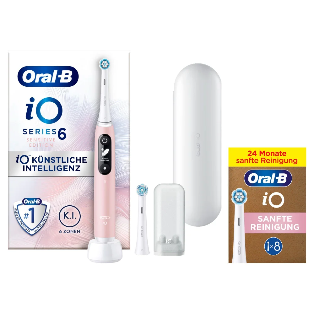 Oral-B iO Series 6 Sensitive Edition Zahnbürste, Ladebasis, Reiseetui und 8er Nachfüllpack Sanft.