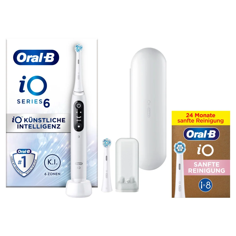 Oral-B iO Series 6 Zahnbürste mit KI, Ladebasis, Etui & 8 sanften Bürstenköpfen für 24 Monate.