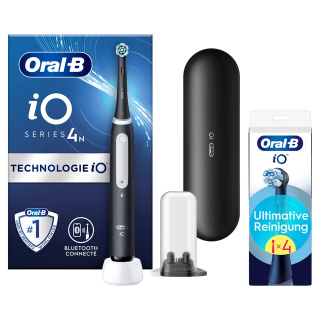 Oral-B iO Series 4 Elektrische Zahnbürste, Reiseetui, Matt Black mit 4 Aufsteckbürsten