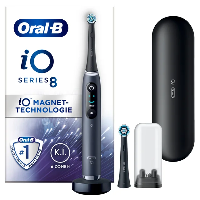 Oral-B iO Series 8 Zahnbürste mit iO Magnet-Technologie und Zubehör.