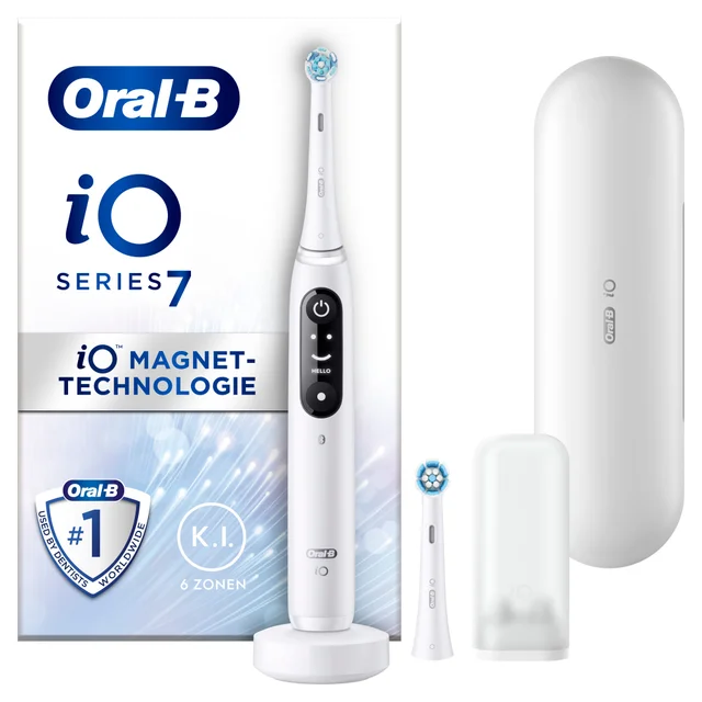 Oral-B iO Series 7 Zahnbürste mit iO Magnet-Technologie, Ladestation und Aufsteckbürste.
