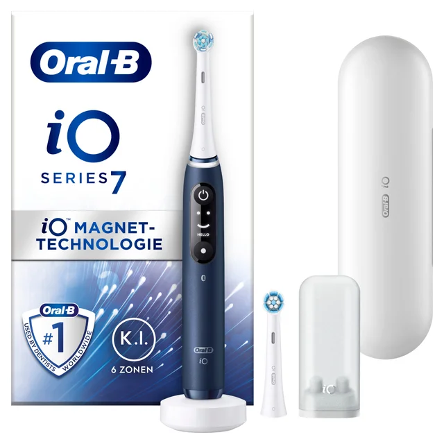 Oral-B iO Series 7 Zahnbürste blau, mit iO Magnet-Technologie und Zubehör.