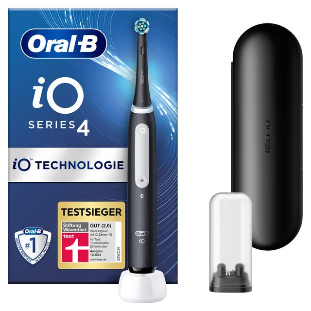 Oral-B iO Series 4 elektrische Zahnbürste mit Ladebasis, Reiseetui & Testsieger-Siegel.