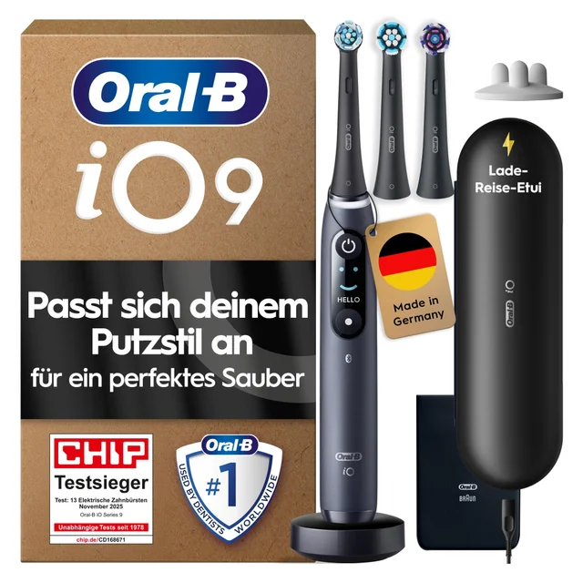 Oral-B iO Series 9 Plus Edition Elektrische Zahnbürste, PLUS 3 Aufsteckbürsten inkl. Whitening, Magnet-Etui, 7 Putzmodi, Black