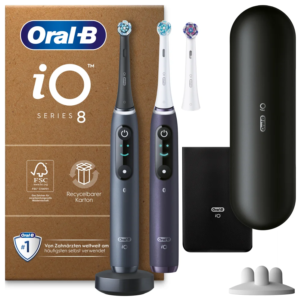 Oral-B iO Series 8 Plus Edition Duopack Elektrische Zahnbürste, Reiseetui, recycelbare Verpackung, Black Onyx/Violet Ametrine Bild 1