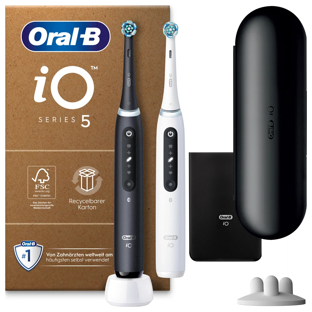 Oral-B iO Series 5 Plus Edition Duopack Elektrische Zahnbürste, Reiseetui, recycelbare Verpackung, Matt Black/Quite White Bild 1