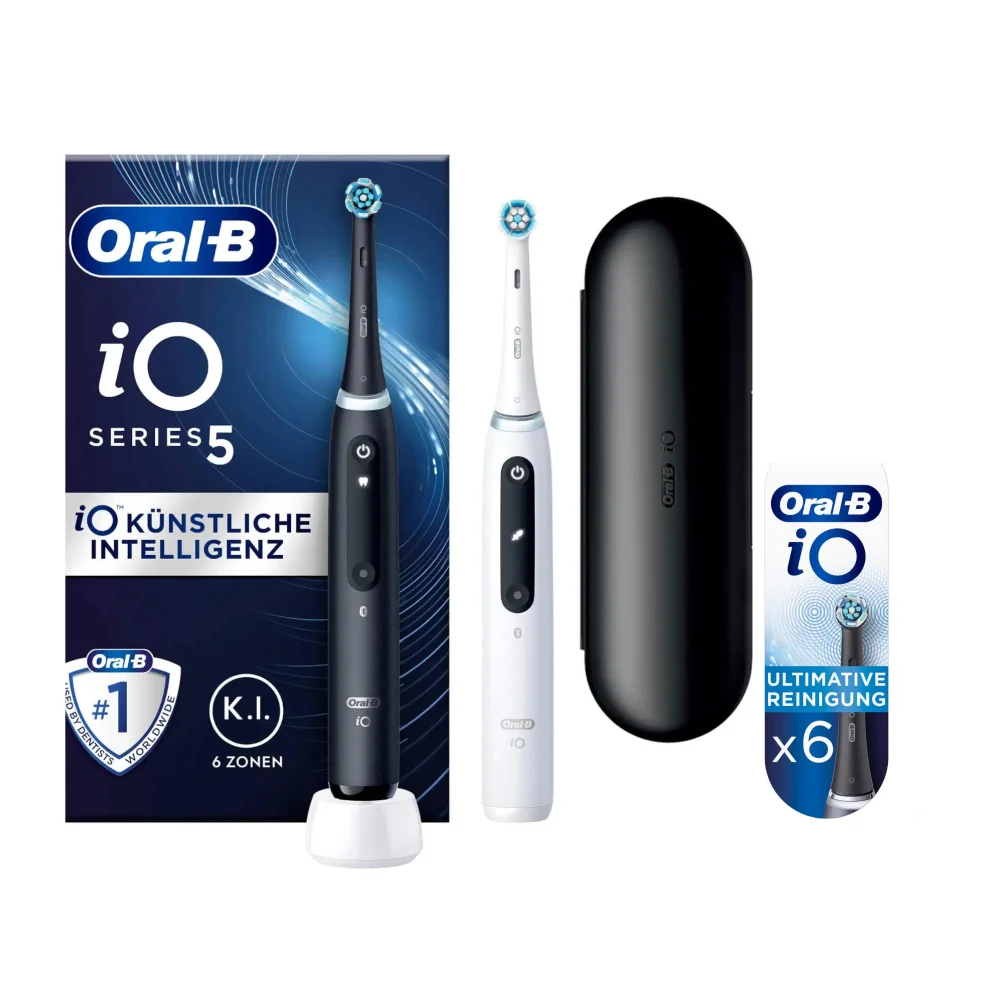 Oral-B iO Series 5 Set: 2 Zahnbürsten, Reiseetui und Bürstenköpfe. Mit K.I.