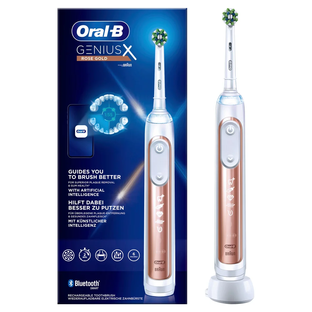 Oral-B Genius X Rose Gold elektrische Zahnbürste, Verpackung betont KI-Putzanleitung.