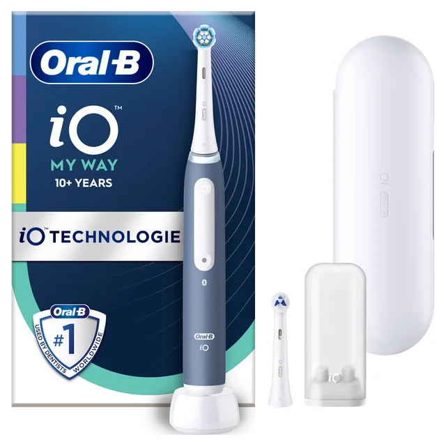 Oral-B iO Zahnbürste in der Verpackung mit iO Technologie und Zubehör.