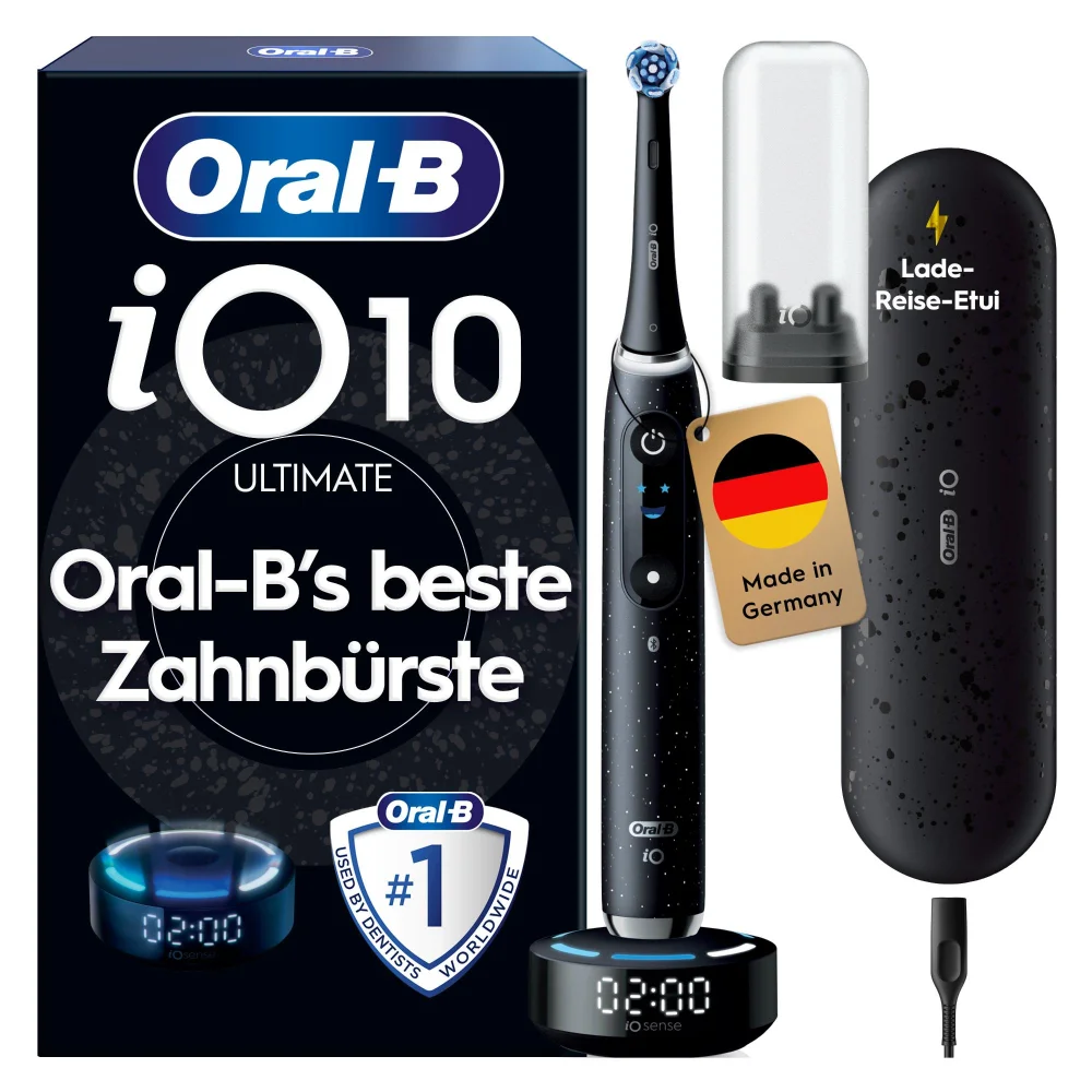 Oral-B iO10 Zahnbürste mit Lade-Reise-Etui, beworben als Oral-B's beste Zahnbürste.