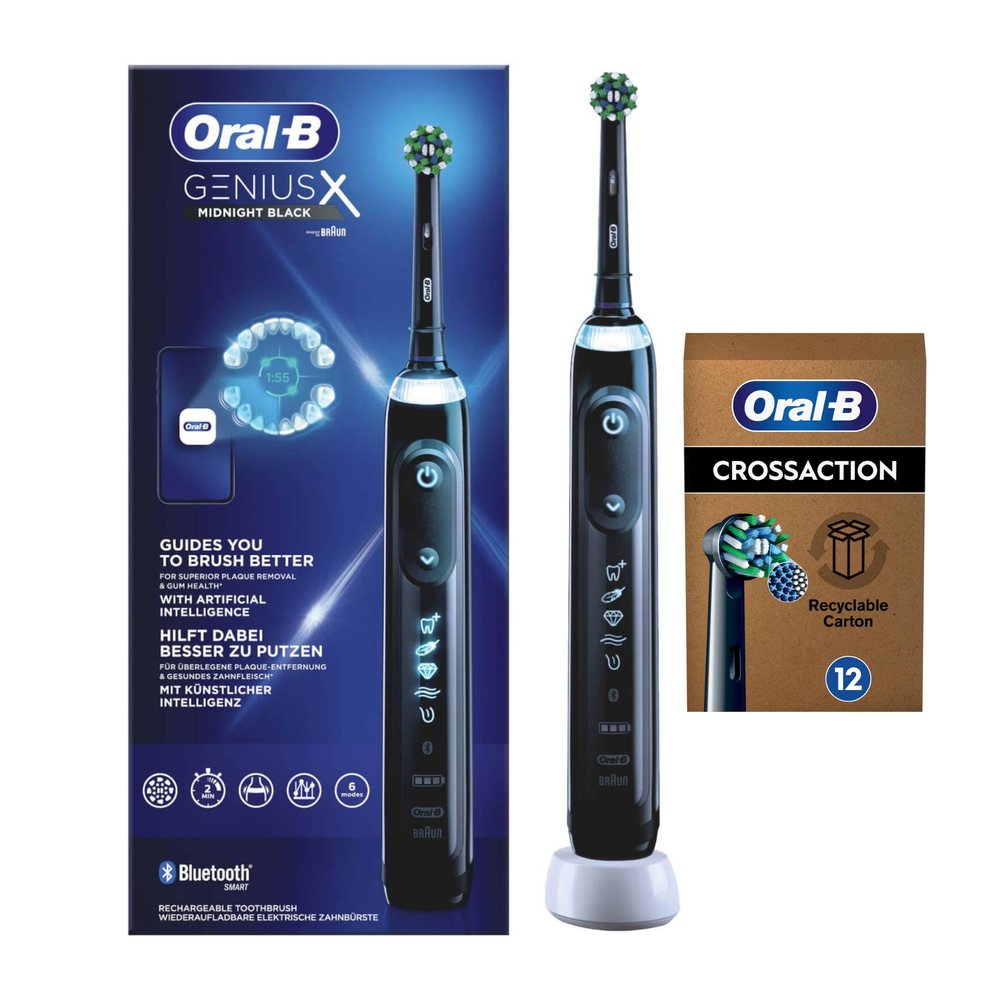 Oral-B Genius X Midnight Black Zahnbürste mit KI und 12 CrossAction Ersatzbürsten.