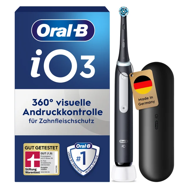 Oral-B iO3 Zahnbürste mit 360° visueller Andruckkontrolle für Zahnfleischschutz.