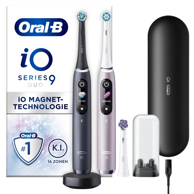 Oral-B iO Series 9 Duopack Elektrische Zahnbürste, Lade-Reiseetui, Black Onyx/Rose Quartz
