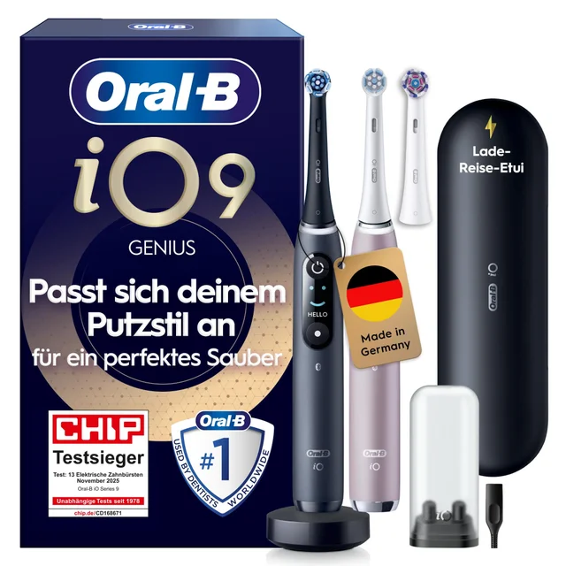 Oral-B iO Series 9 Duopack Elektrische Zahnbürste, Lade-Reiseetui, Black Onyx/Rose Quartz