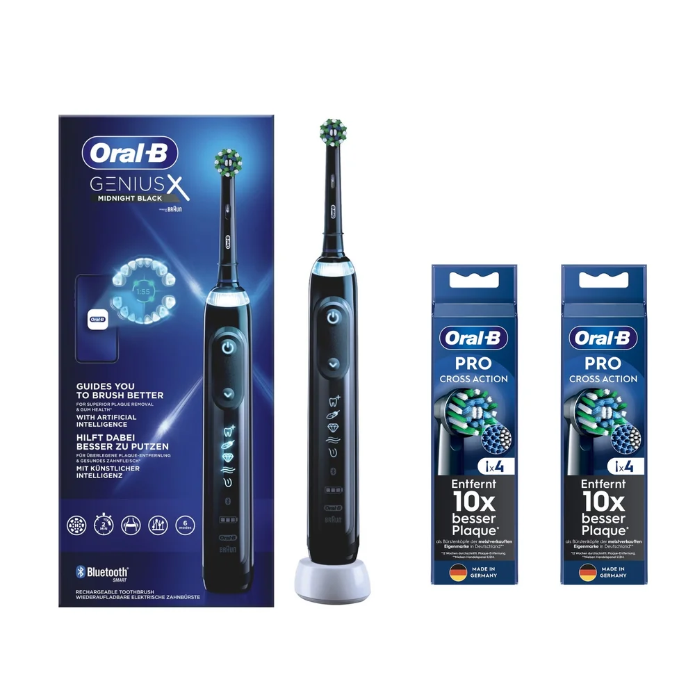 Oral-B Genius X Midnight Black Zahnbürste mit KI-Anleitung & 2x Cross Action Ersatzköpfen.