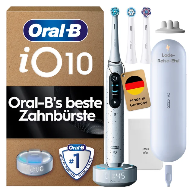 Oral-B iO Series 10 Stardust White, Aufsteckbürsten, Lade-Reiseetui, recycelbare Verpackung