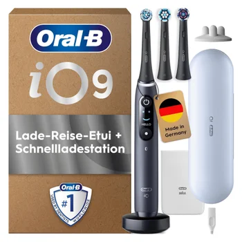 Oral-B iO Series 9N Black Onyx, Aufsteckbürsten, Lade-Reiseetui weiß, recycelbare Verpackung