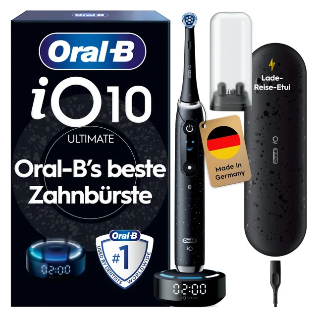 Oral-B iO10 Zahnbürste mit Lade-Reise-Etui und dem Claim 'Oral-B's beste Zahnbürste'.