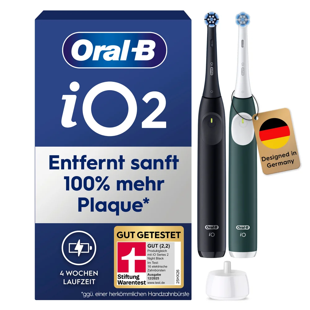 Oral-B iO2 Zahnbürsten im Doppelpack, entfernt 100% mehr Plaque, Gut (2,2) getestet.