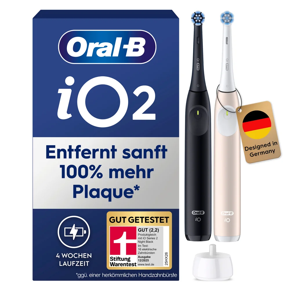 Oral-B iO2 elektrische Zahnbürsten (Doppelpack), entfernt 100% mehr Plaque.