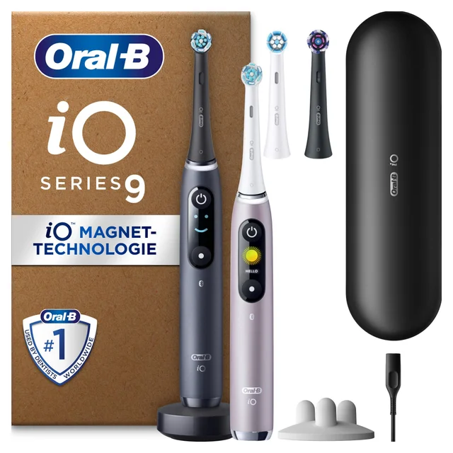Oral-B iO Series 9 Plus Edition Duopack Elektrische Zahnbürste, Lade-Reiseetui, Black Onyx/Rose Quartz, recyclebare Verpackung