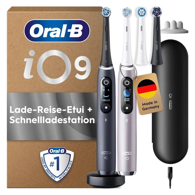 Oral-B iO Series 9 Plus Edition Duopack Elektrische Zahnbürste, Lade-Reiseetui, Black Onyx/Rose Quartz, recyclebare Verpackung