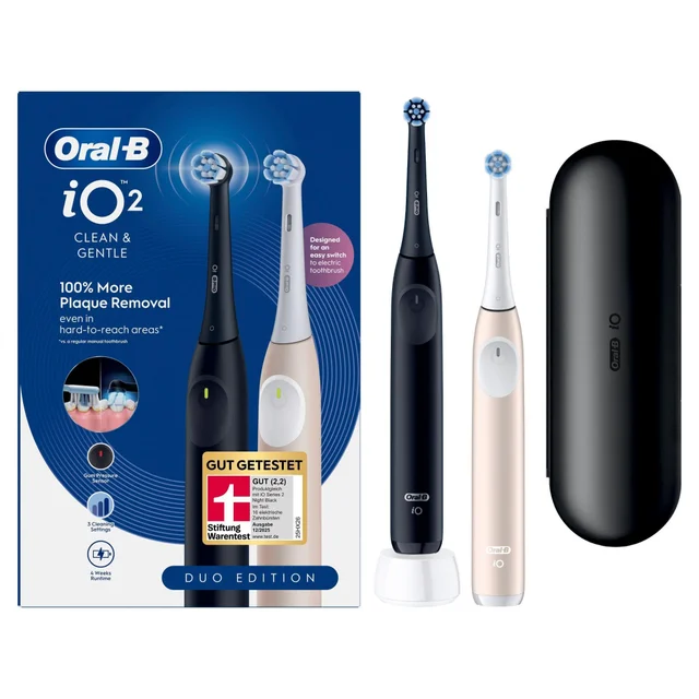Oral-B iO 2 Elektrische Zahnbürste, Doppelpack Night Black & Calm Pink
