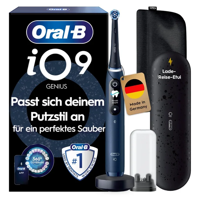 Oral-B iO 9 Elektrische Zahnbürste | Sapphire Blue | 1 Aufsteckbürste | Lade-Reise-Etui | Geschenkedition