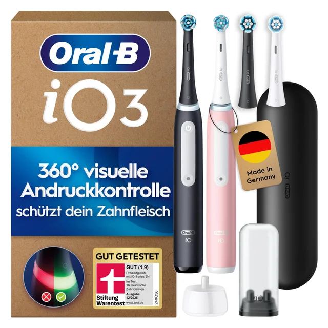 Oral-B iO 3 Elektrische Zahnbürste, Duopack, Matt Black & Blush Pink SIOC