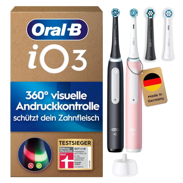 Oral-B iO 3 Elektrische Zahnbürste, Duopack, Matt Black & Blush Pink SIOC