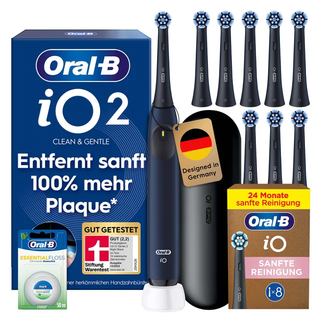 Oral-B iO Series 2 Night Black Special Edition + 8 Sanfte Reinigung Aufsteckbürsten + Essential Floss Zahnseide