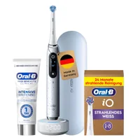 Oral-B iO Sense Zahnbürste, Ladestation, Reiseetui und Bürstenkopfetui.