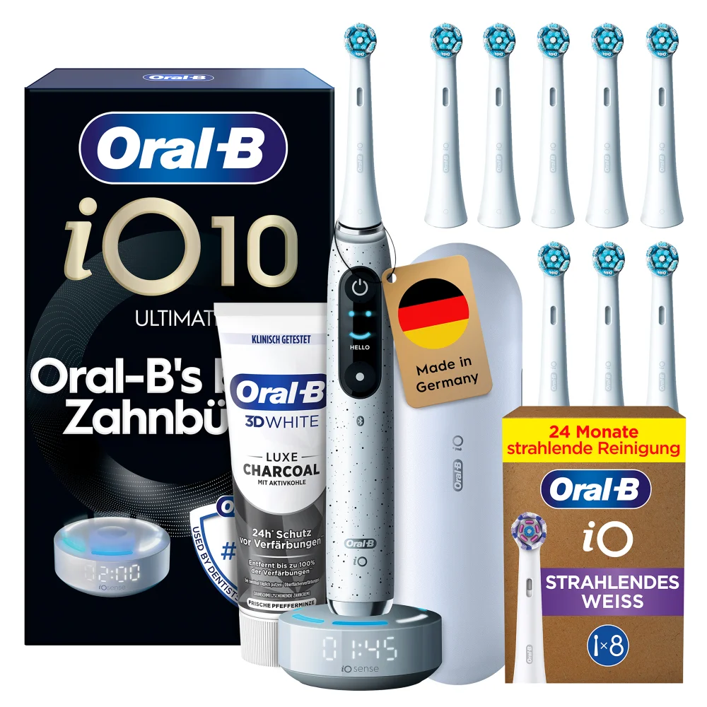 Oral-B iO Series 10 Stardust White + 8 Strahlend Weiss Aufsteckbürsten + White Luxe Charcoal Zahnpasta Bild 1